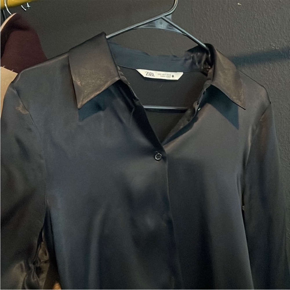 Zara black silk button down shirt